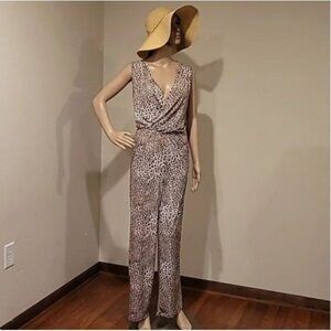 Ellen Tracy Womens Leopard Print Sleeveless Wrap Jumpsuit S Polyester Spandex